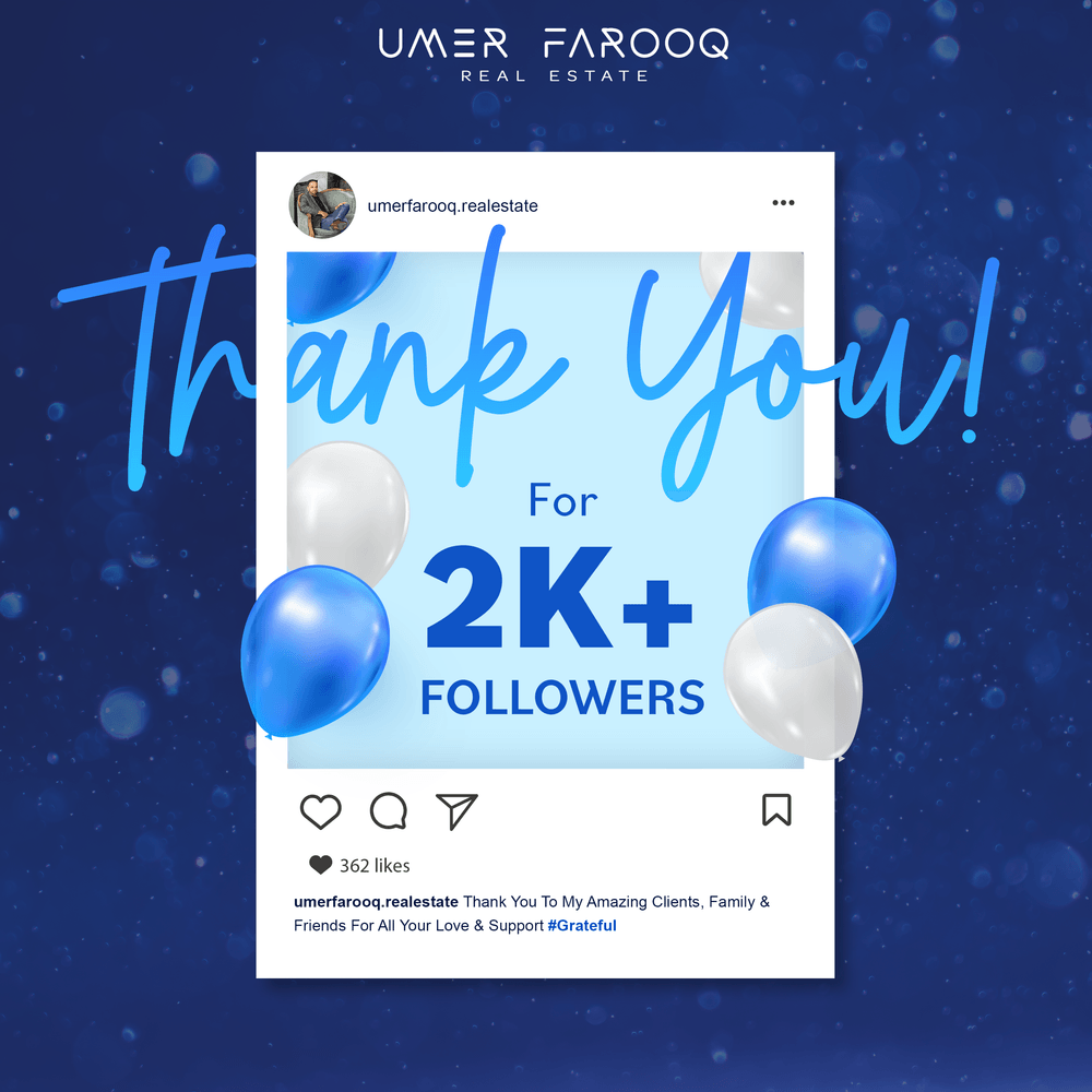 Instagram thank-you post celebrating 2K+ followers for Umer Farooq Real Estate