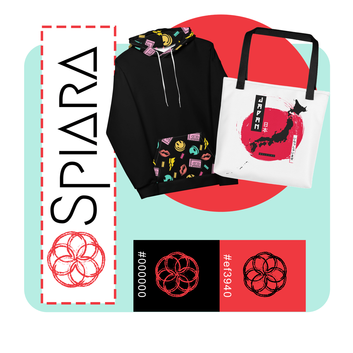 Brand identity mockup for Spiara showing a hoodie, tote bag, logo mark and colour palette