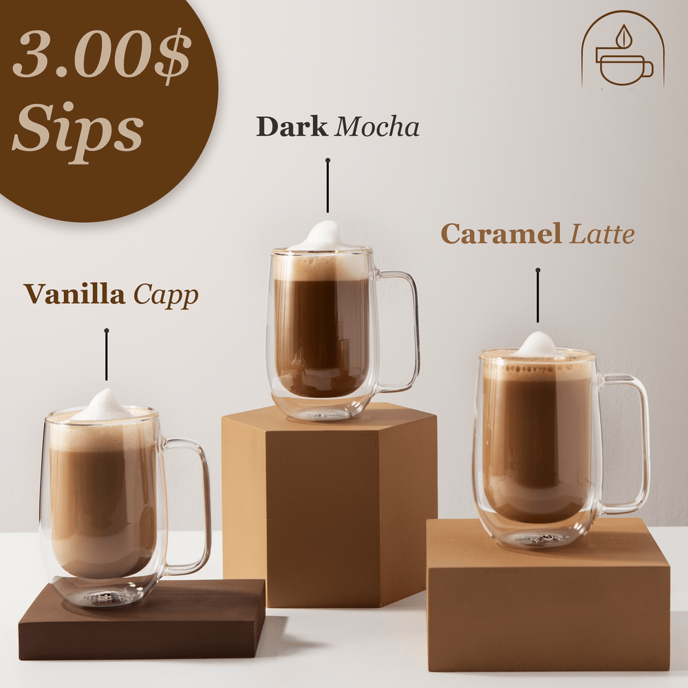 Coffee menu design showing Vanilla Capp, Dark Mocha and Caramel Latte at 3.00$ Sips