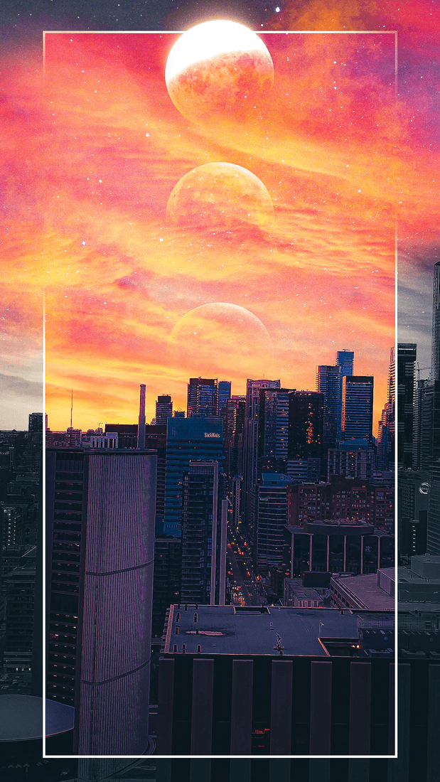 Poster artwork of an orange and purple sunset skyline beneath a large planet