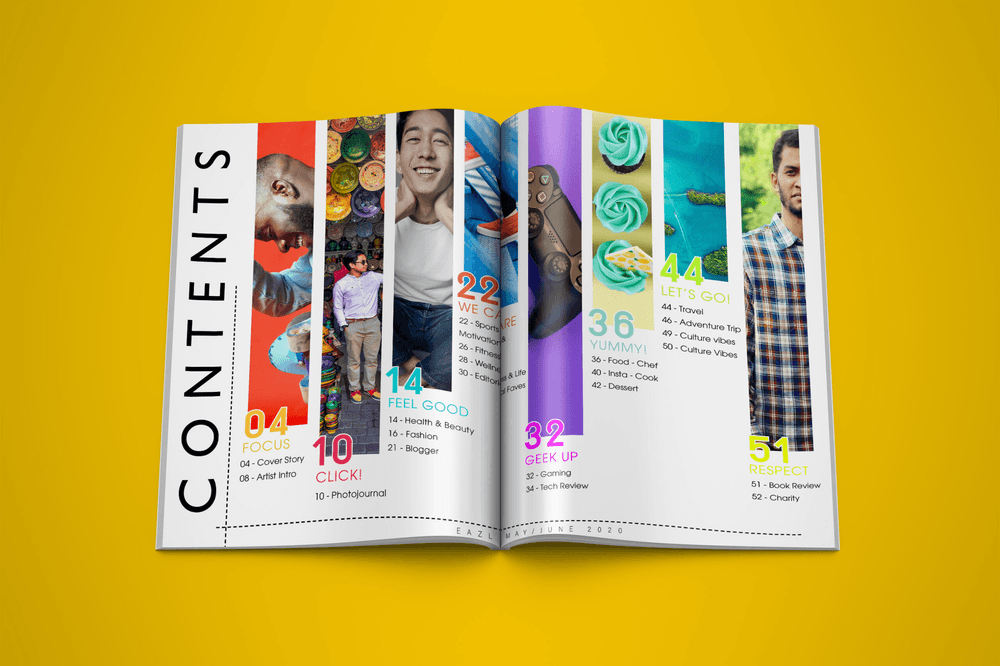 Magazine contents page spread designed for Ezal