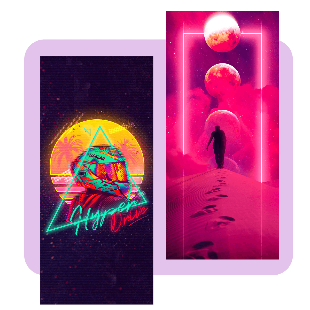 Two synthwave poster artworks, a neon sunset triangle and a figure beneath pink moons