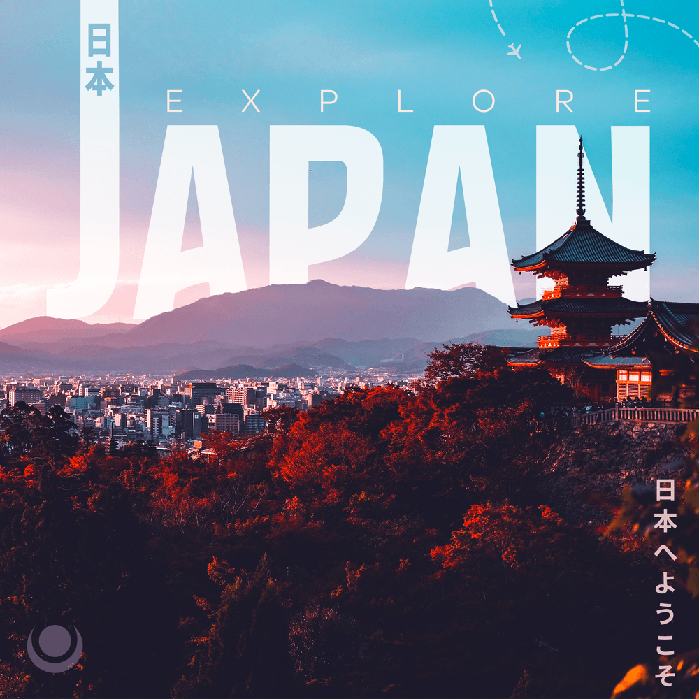 Travel social post reading Explore Japan over a pagoda and autumn city skyline