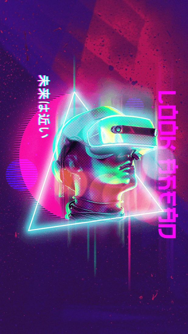 Poster artwork of a chrome figure before a magenta neon triangle, titled Look Ahead