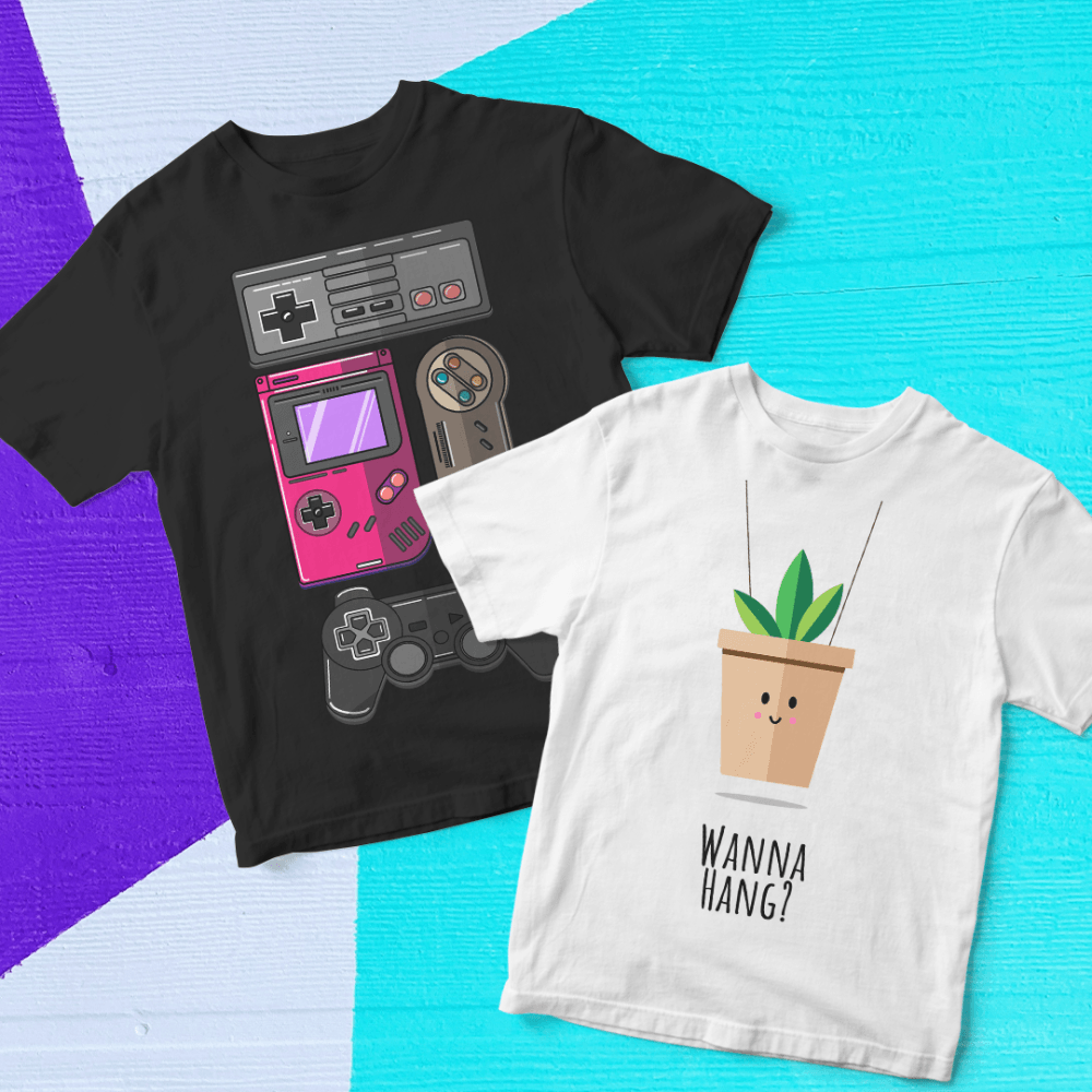 Apparel mockup of printed t-shirts with a Wanna Hang? graphic