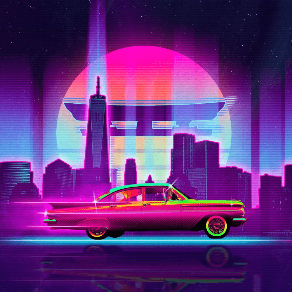 Digital artwork of a neon motorcyclist speeding through a night cityscape
