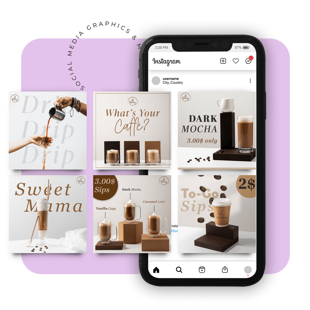 Instagram grid mockup on a phone showing coffee-shop post designs by DezX Studios