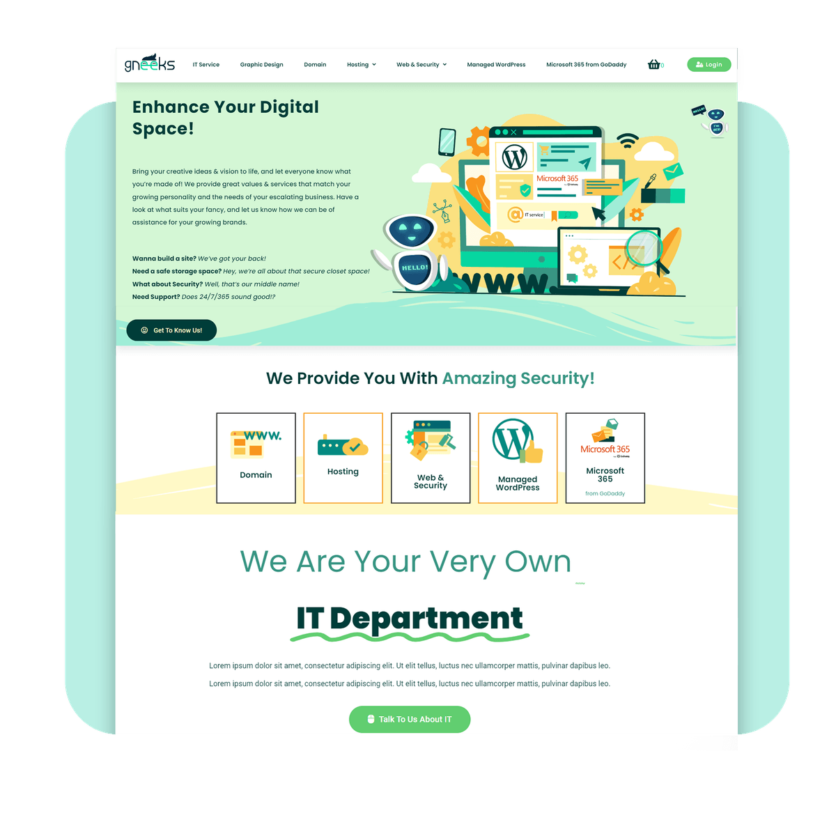 Web design mockup of a managed IT services homepage shown on a tablet